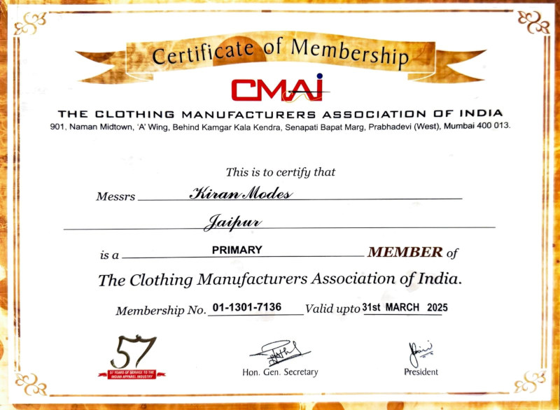 Clothing Manufacturers Association of India Membership Certificate - Kiran Modes Clothing Manufacturers Association of India Membership Certificate of Kiran Modes