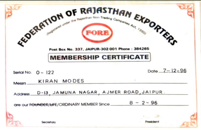 Federation Of Rajasthan Exporters Membership Certificate - Kiran Modes Federation Of Rajasthan Exporters Membership Certificate - Kiran Modes