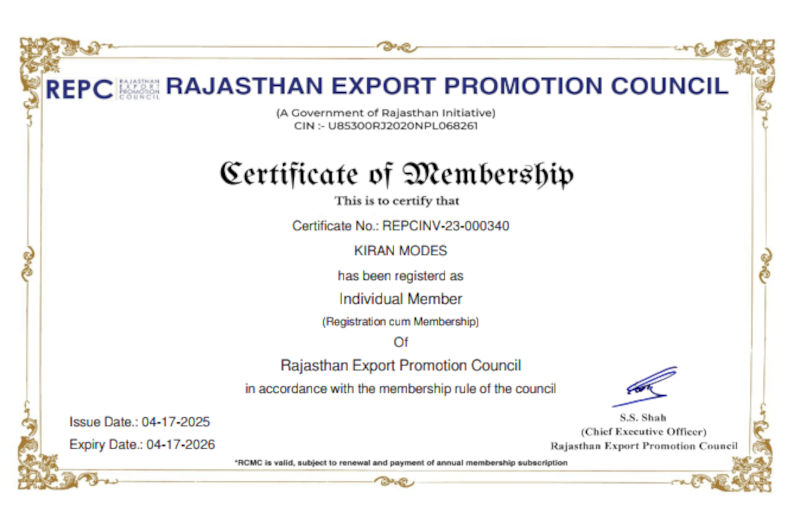 Rajasthan Export Promotion Council Membership Certificate - Kiran Modes Rajasthan Export Promotion Council Membership Certificate of Kiran Modes